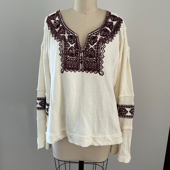 Free People Womens Santa Maria Boho Top Cream Embroidered Long Sleeve Small - Picture 2 of 11
